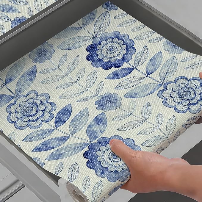 Drawer and Shelf Liner for Kitchen Cabinets Non-Adhesive Strong Grip Floral Shelf Liner Non-Slip Waterproof Blue Flower Drawer Liner for Cupboard Shelves Easy to Clean Cabinet Liner 16IN×10FT by Vuacepe