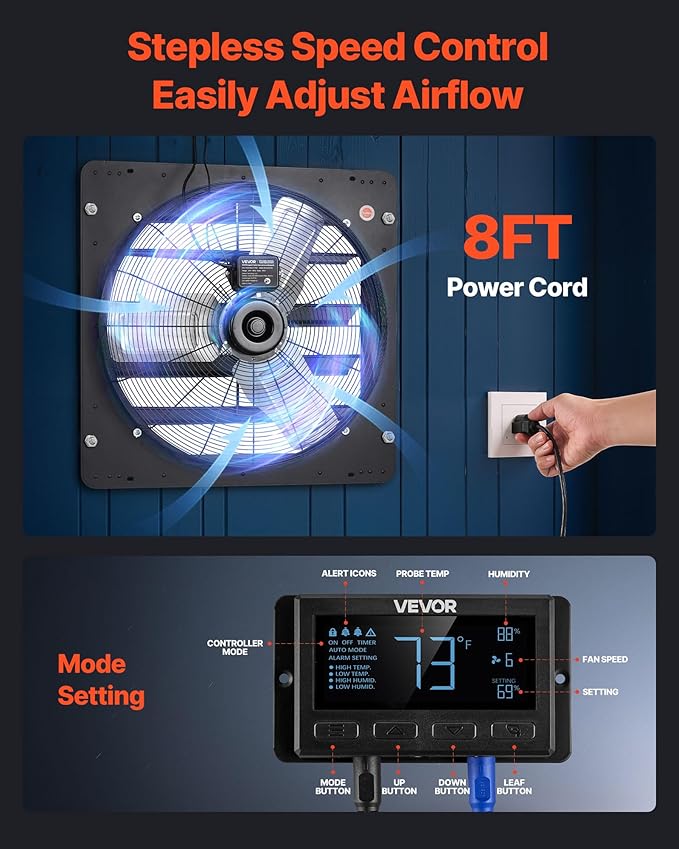 VEVOR 24 inch Exhaust Fan, Wall Mounted Attic Fan with Variable Speed, Temperature & Humidity Controller, 4800 CFM, Automatic Shutter - Image 6