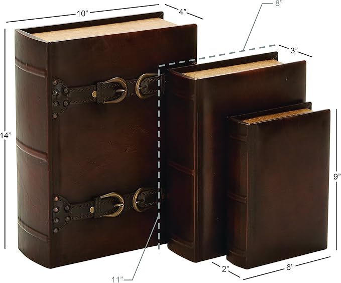 Deco 79 Wooden Decorative Box Faux Storage Book Book Shaped Boxes with Faux Leather Detailing, Set of 3 Decorative Keepsake Boxes 14", 11", 9"H, Brown - Image 8