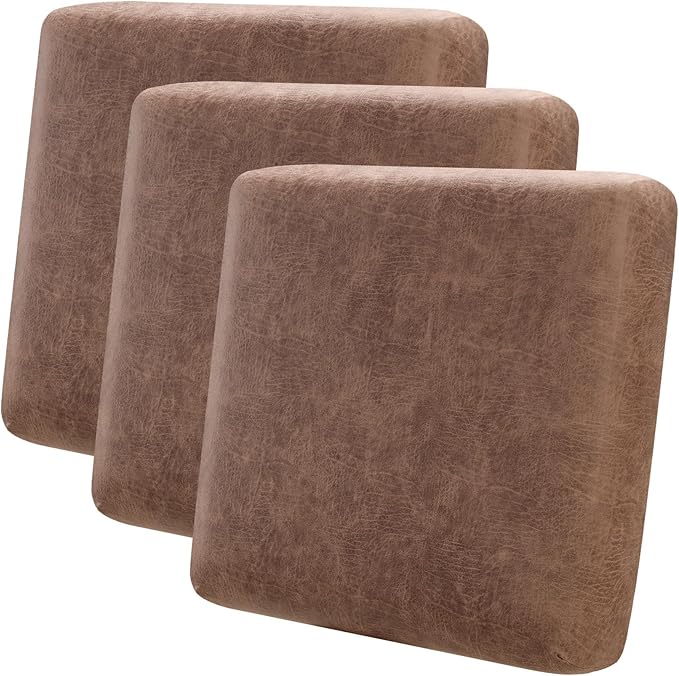 Fuloon Stretch Seat Cushion Covers, Suede Leather Look Sofa Slipcovers Couch Cushion Covers Removable Furniture Protector Large-Chair Cushion Slipcovers (Brown, 3 Pcs) by Fuloon