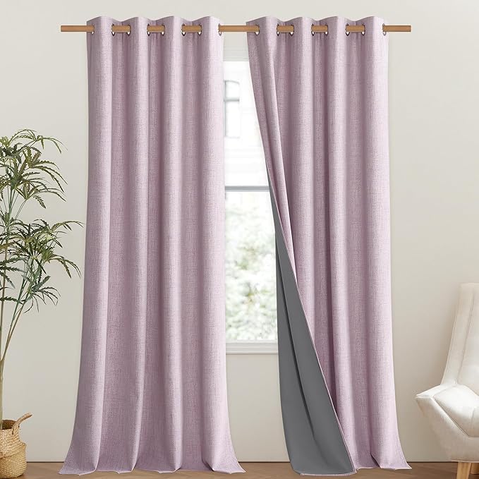 NICETOWN Pink Vintage Linen 100% Blackout Curtains for Living Room, Thermal Insulated Curtains 108" Long, Noise Reducing Window Treatment Drapes for Hall Room, 52" Wide Per Panel, Set of 2 - Image 2