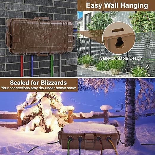 Medium Outdoor Electrical Box (11.6x5.2x4.1 inch), IP54 Waterproof Extension Cord Cover w/ 6 Cable Entry, Weatherproof Connection Box for Power Strip, Plug, Timer, Holiday Lights, Brown - Image 4