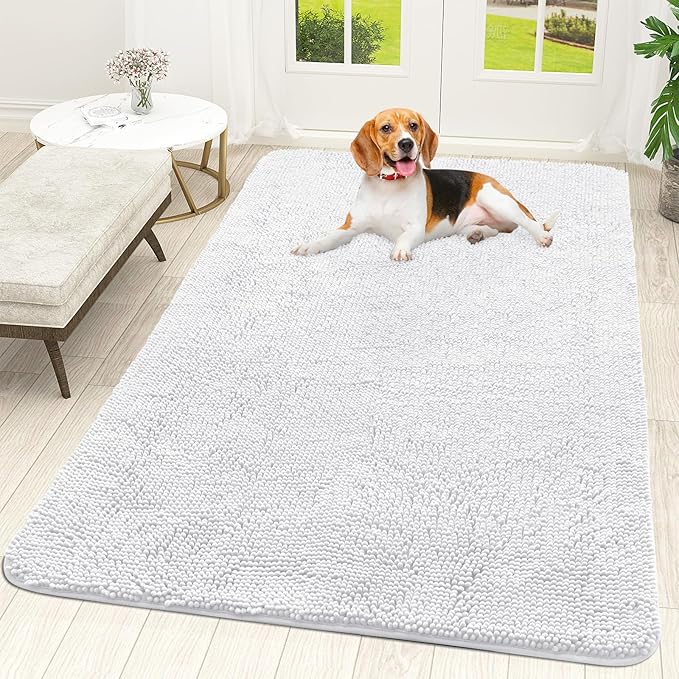OLANLY Dog Door Mat for Muddy Paws 59x35, Absorbs Moisture and Dirt, Absorbent Non-Slip Washable Doormat, Quick Dry Chenille Mud Mat for Dogs, Entry Indoor Entryway Carpet for Inside Floor, White by OLANLY