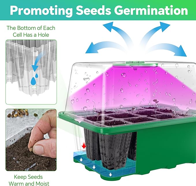 5 Packs Seed Starter Tray with Grow Light, (Value Pack), 60 Cells Seed Starter Kit with Heightened Lid, Adjustable Humidity Domes,Garden supplies for Plant Flower Vegetable Seeds Germination - Image 4