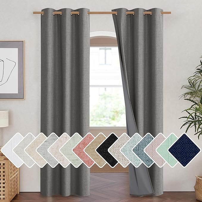 NICETOWN Grizzle Gray Vintage Linen 100% Blackout Curtains for Living Room, Thermal Insulated Curtains 90" Long, Noise Reducing Window Treatment Drapes for Hall Room, 42" Wide Per Panel, Set of 2 by NICETOWN