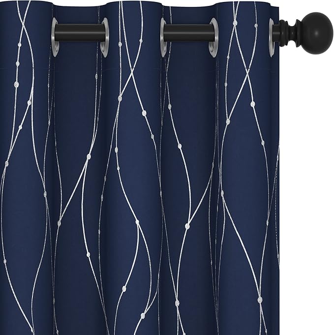 Deconovo Navy Blue Curtains, Blackout Curtain for Bedroom, 42 x 72 Inch, Thermal Insulated Soundproof Privacy Drapes with Silver Wave Dots Pattern, Grommet Top, Machine Washable Panel for Living Room by Deconovo
