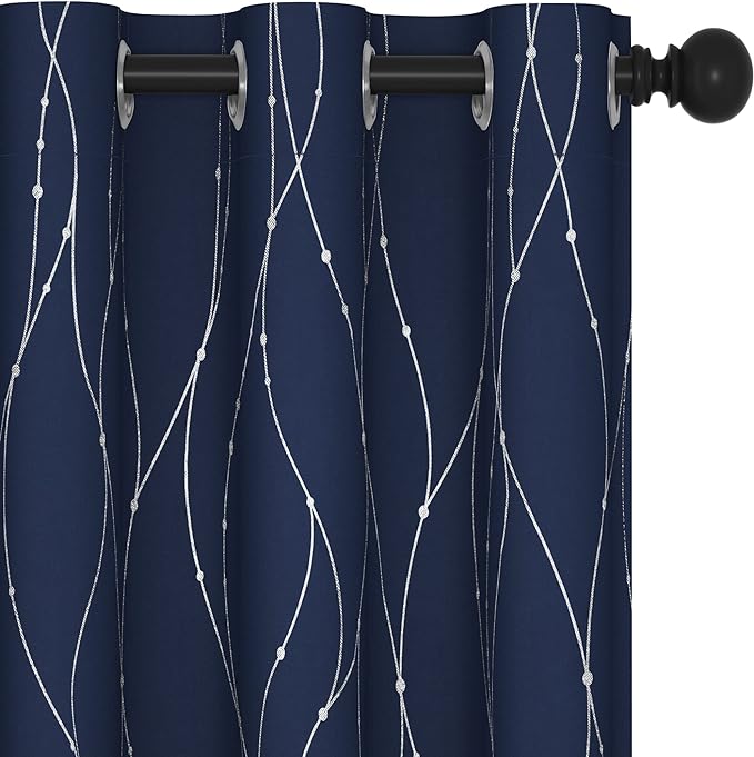 Deconovo Short Kitchen Curtains, Navy Blue Blakcout Curtain 38 x 45 Inch, Thermal Insulated Soundproof Drapes with Silver Wave Dots Prit, Grommet Top, Machine Washable for Nursery Bedroom Living Room by Deconovo