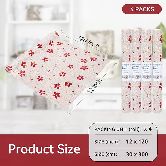 FIFTY FEET 12"x120" Non-Adhesive Shelf Liner for Kitchen Cabinets and Drawers, Washable Non-Slip PVC Cabinet Liner (Red Floral)(4 Roll) - Image 5