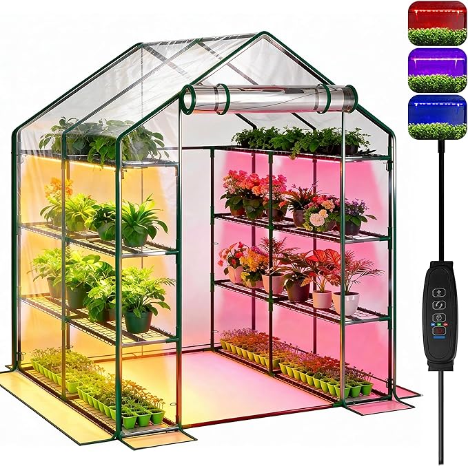PYY Walk in Greenhouse - Indoor Greenhouse with Grow Lights, Roll-Up Zipper Entry Door and PVC Cover, 3 Modes Light with Loop Timer for 24 H, Plant Garden Hot House for Outdoor(56.3"L×56.3"W×76.8"D) by PYYBuffetProducts