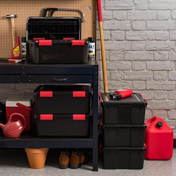 IRIS USA WeatherPro 31 Qt Storage Bins with Lids, 6 Pack, BPA-Free Plastic Gasket Box with Tight Latch and Seal, Stackable Nestable Tote Tub - Black/Red - Image 2