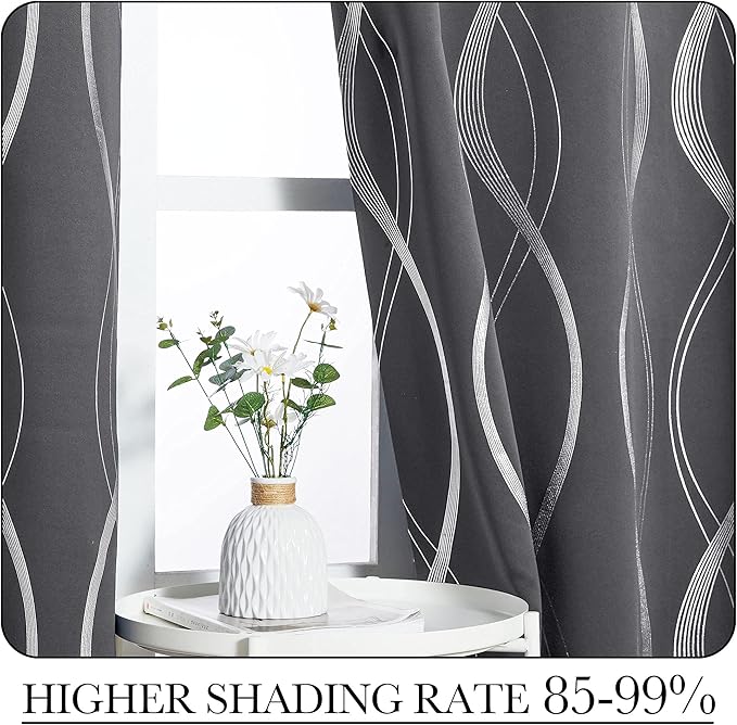 NICETOWN Blackout Curtains for Bedroom, 1 Pair, 52 inches by 90 inches, Grey, Foil Printed Wave Lines Energy Saving Thermal Insulated Solid Grommet Blackout Draperies for Patio Hall Studio - Image 4
