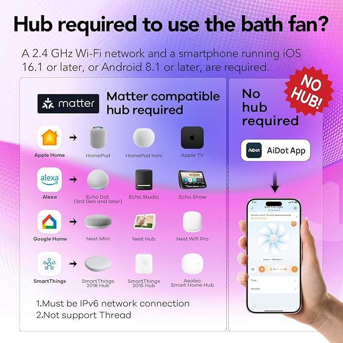 OREiN 4-in-1 Matter Smart Bathroom Exhaust Fan with Light, Bluetooth Speaker & Humidity Sensor, 110/160 CFM, 1500LM 2700K-6500K, Alexa/App/Remote Control, Required Ceiling Opening 11.39"x10.42" - Image 8