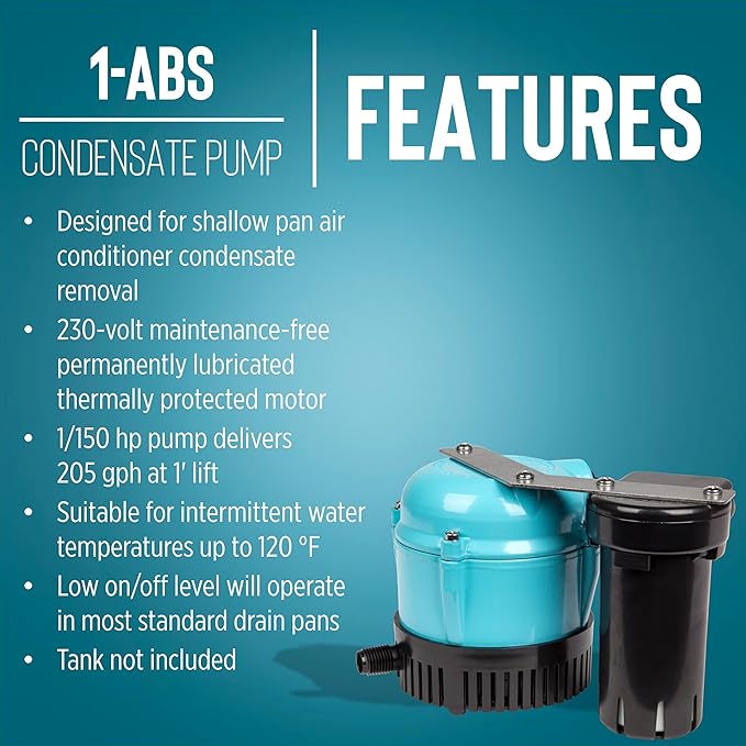 Little Giant 1-ABS 230-volt, 50/60 Hz, 1/150 HP, 205 GPH Automatic Shallow Pan Condensate Removal Pump for Ceiling Mounted Air Conditioners or Dehumidifiers, Black/Blue, 550532 - Image 7