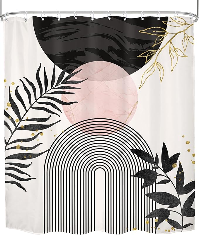Black Pink Boho Shower Curtain Mid Century Modern Abstract Bohemian Minimalist Gold Leaves Sun Arch Geometric Plant 60Wx72H Bathroom Decor Neutral Bath Curtain Fabric Polyester 12 Pack Hooks - Image 8