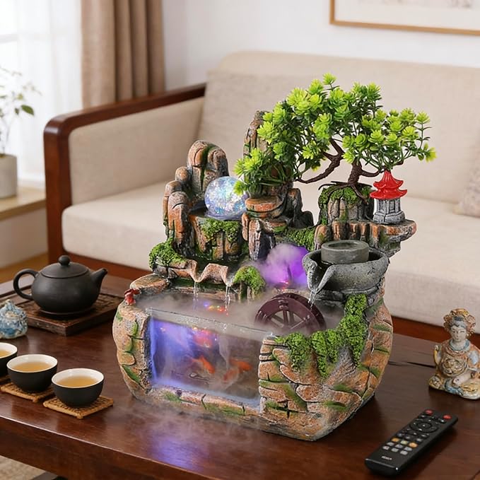 11.81" Creative Desktop Fountain Waterfall Bonsai w/LED Lights & Atomizer Tabletop Decor, Small Fish Tank Rockery Humidifier, Mini Rock Plant Artificial Bonsai Fountain Rockery for Office Home Decor - Image 8