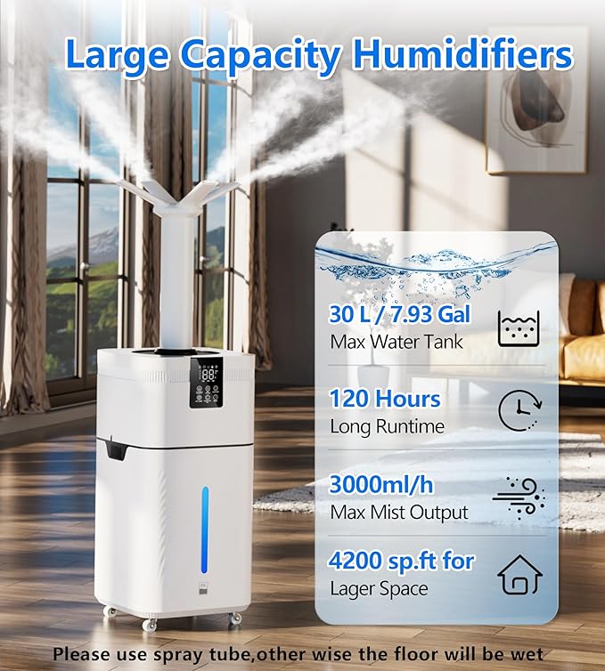 30L/7.93Gal Commercial Humidifier for Large Room 4200 sq ft, 3000mL/H Whole House Humidifiers with Supersized Cool Mist,Quiet Humidifiers for Bedroom, Home,Office, Plants, Warehouse - Image 4