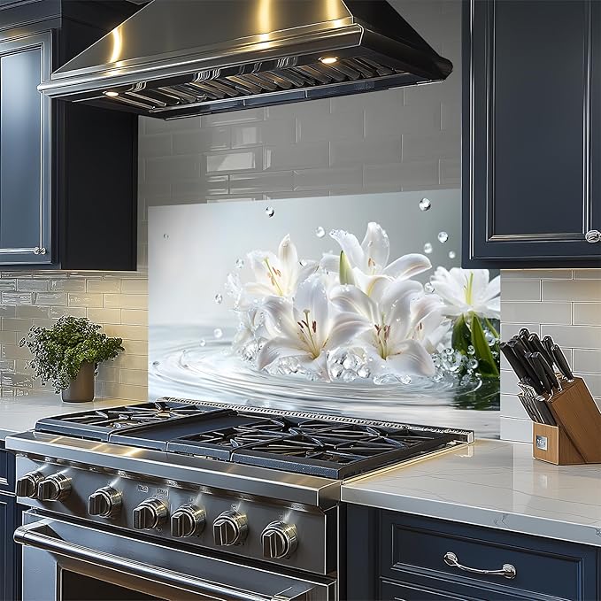 NYZE Kitchen Backsplash Stickers Waterproof Stove Backsplash Protector, 30 X 16 inch Removable Kitchen Wallpaper with Wall Art Decor for Stove Cooking Area(White Lily) - Image 2