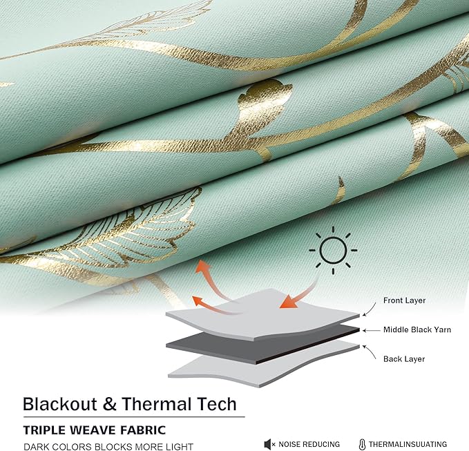 BUHUA Blackout Curtains Gold Foil Print Flower Vine Grommet Drapes, Room Darkening Thermal Insulated Curtains, Noise Reducing Curtain for Bedroom, Aqua, 52Wx63L, 2 Panels - Image 4