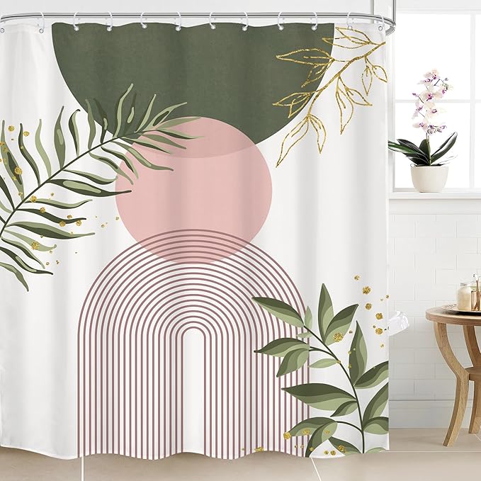 Pink Green Boho Shower Curtain 72Wx84H Extra Long Bohemian Mid Century Modern Abstract Sage Green Gold Leaves Plant Minimalist Bathroom Decor Arch Bath Curtain Fabric Polyester 12 Pack Hooks by MitpokBrand