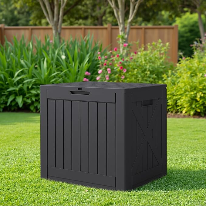 JUMMICO 42 Gallon Deck Box Waterproof, Resin Outdoor Storage Box with Side Handles, Outdoor Storage Benches Lockable for Patio Cushions and Garden Tools (Black) - Image 6