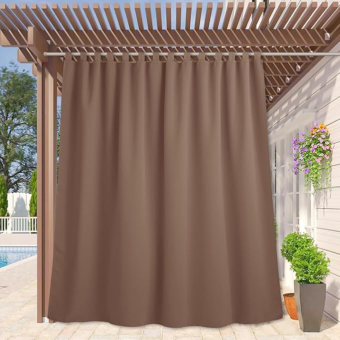 RYB HOME Extra Wide Outdoor Curtains for Patio Waterproof Tab Top Heavy Duty Thermal Insulated in Summer Full Coverage Privacy for Porch, Gazebo & Pergola, W100 x L84, Mocha, 1 Panel by RYBHOME