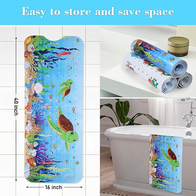 Bath Mat for Tub Non Slip, Machine Washable Anti-Slip Cartoon Baby Bathtub Shower Mat with Drain Holes and Suction Cups for Toddler & Kids, 40 Inch x 16 Inch, Red Turtles - Image 6