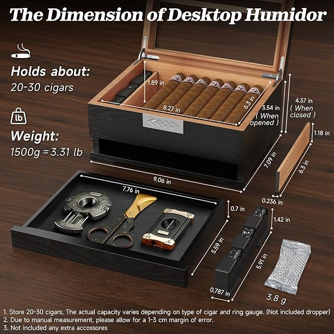 TISFA Cigar Humidor, Cedar Wood Desktop Humidor Box with Digital Hygrometer, Adjustable Humidifier, Accessory Drawer, Divider, Cigar Length Measurement, Glass Top Storage Holder Cigar Case (Black) - Image 2