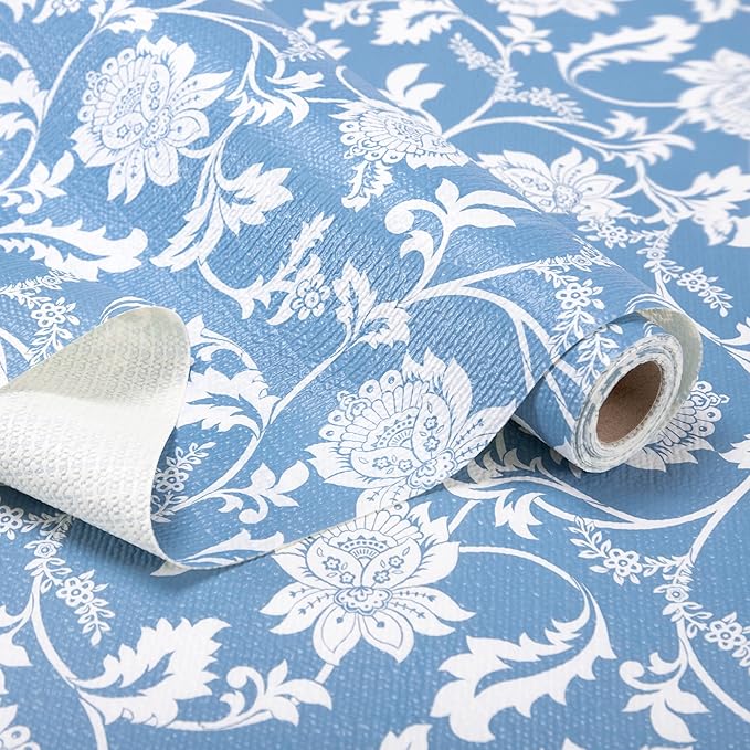 RAY STAR Shelf Liner, Non Adhesive Blue Floral Kitchen Cabinet Liner for Pantry Drawer, Strong Grip Non Slip Waterproof, Shelf Liners for Kitchen Cabinets Cupboard 12 Inch x 10 FT (2 Rolls) by RAYSTAR