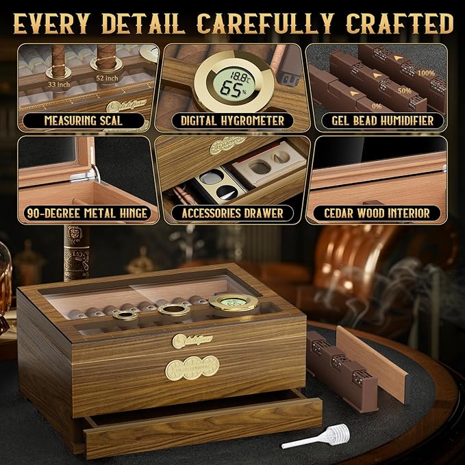 Cigar Humidor, Glass Top Desktop Cigars Case with Digital Hygrometer, Humidifier, Cigar Accessories Drawer and Measuring Scale, Cigars Humidors Box for Men Gift - Image 3