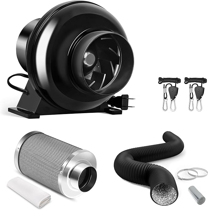 iPower Grow Tent Ventilation System 4 Inch Inline Duct Ventilation Fan 195 CFM, Carbon Filter and 8 Feet Ducting and 1 Pair Rope, Circulation Vent Blower Air Filtration Kit by iPower