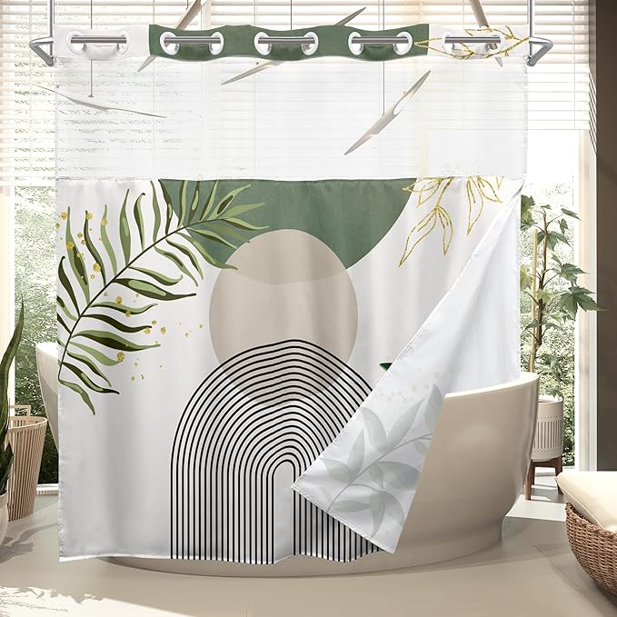 Sage Green Boho No Hooks Shower Curtain with Snap in Liner 72Wx72H Modern Mid Century Abstract Gold Leaves Minimalist Geometric Bathroom Decor Neutral Aesthetic Bath Curtain Fabric Polyester by MitpokBrand