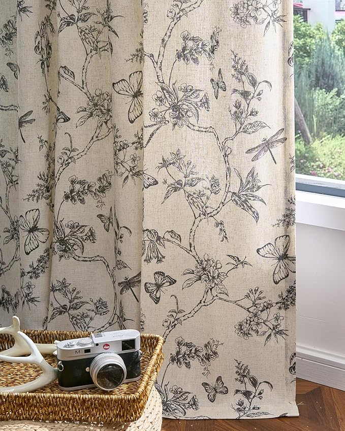 jinchan Floral Linen Curtains for Living Room 96 Inch Length Butterfly Curtain Black Floral Curtains French Country Farmhouse Curtain Flower Patterned Drapes Window Treatment Set 2 Panels - Image 5