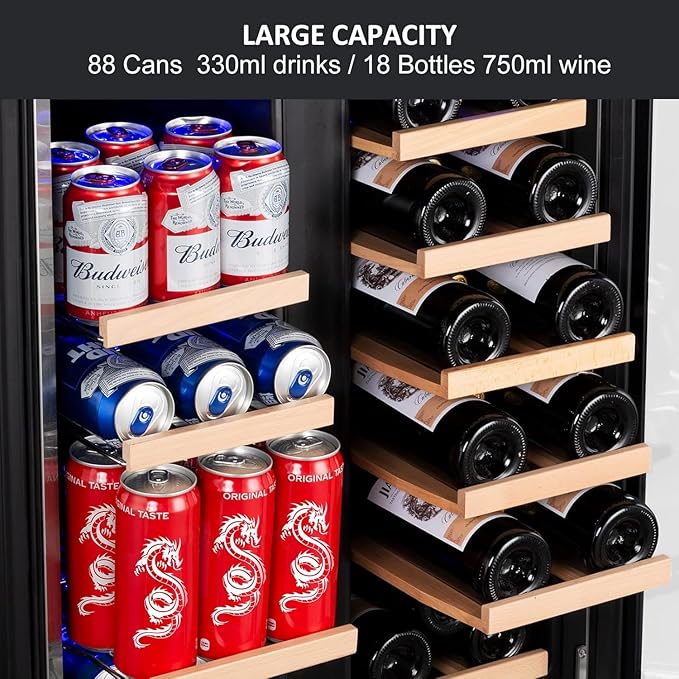 Wine and Beverage Refrigerator, 24 Inch Dual Zone Fridge with Glass Door, Built-In Cooler with Powerful and Quite Cool System/18 Bottles and 88 Cans Capacity Bverage Cooler - Image 5
