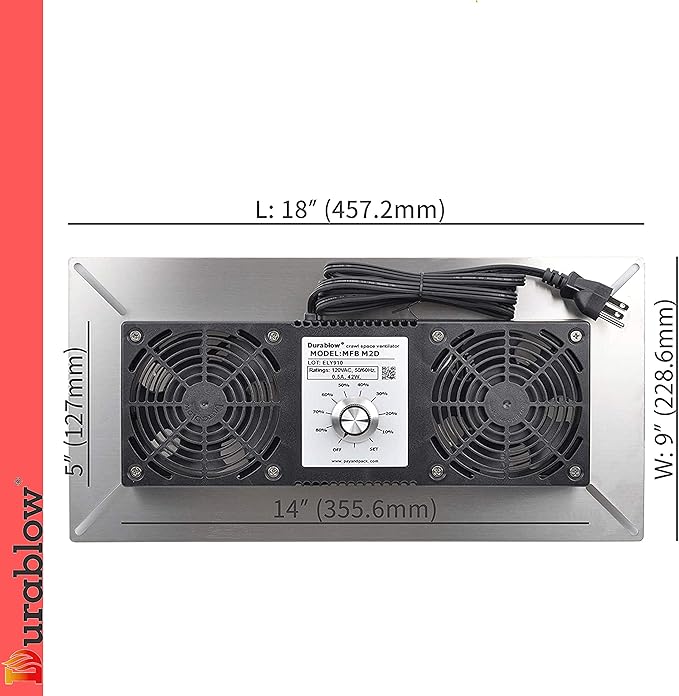 Durablow 220 CFM Air-Out Stainless Steel Crawl Space Vent Fan, Dual Fans with Dehumidistat & Thermostat, Foundation Vent, Radon Mitigation, for Crawl Space, Basement (Stainless Steel, M2D) - Image 2