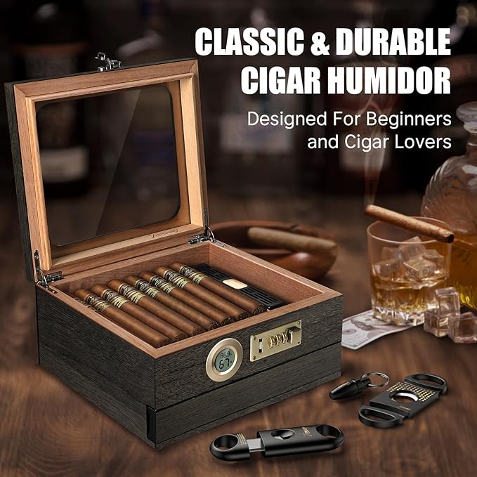 Cigar Humidor,Cedar Wood Humidor Cigar Box,Glass Top Desktop Humidor with Digital Thermo-Hygrometer, Humidifier, Divider, Accessories Drawer and Combination Lock,Cigar Gift for Men - Image 8