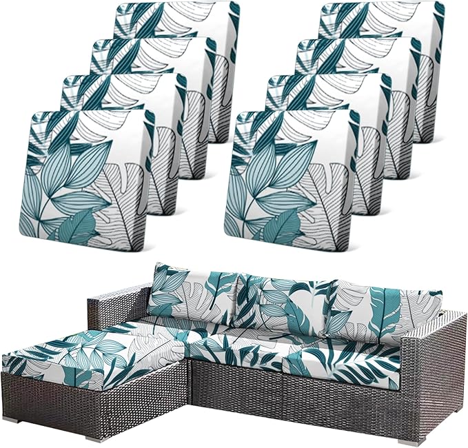 8Pcs Stretch Patio Cushion Cover Outdoor Cushion Cover Replacement Slipcovers Indoor and Outdoor Chair seat Covers Blue Botanical Print Patio Furniture Protector(Cover Only) by CALBODE