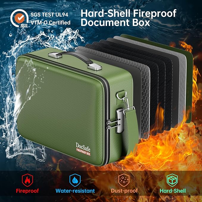 DocSafe Fireproof Document Box with Lock, Hard Case File Organizer with Accordion File Folder, Fireproof Water Resistant Safe Box Home Office Travel Storage for Important Documents Laptop Green - Image 2