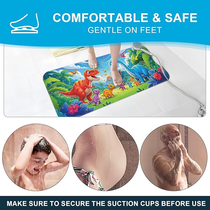 XIYUNTE Baby Bath Mat for Tub Non Slip Kids Bath Mat - 40''x16'' Extra Long Cartoon Bathtub Mat Non Slip Kids Shower Mat Eco-Friendly Toddler Bath Mats with Suction Cups, Machine Washable, Dinosaur - Image 4
