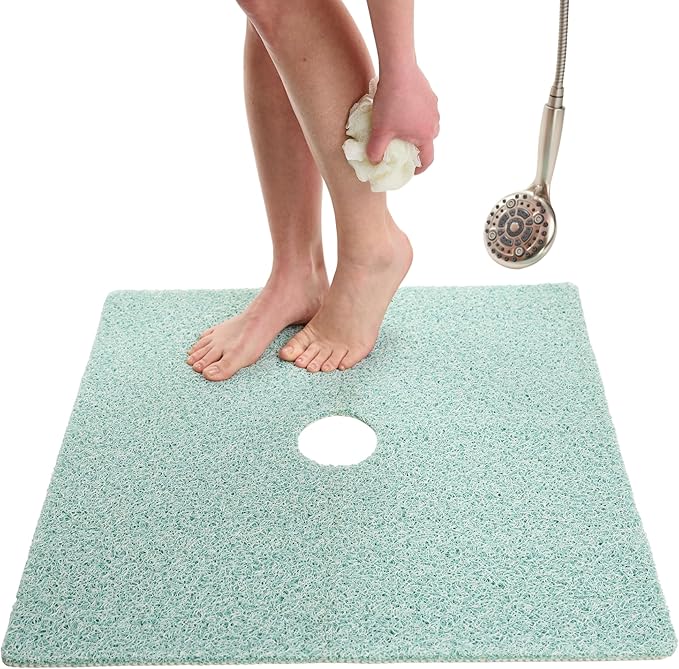 Enkosi Loofah Shower Mat with Drain Hole – Cushioned Anti-Slip Square Bath Mat for Showers, and Bathroom Floors – Textured PVC, Non Slip Safety Pad for Walk-in Stalls and Wet Areas (27x27 Aqua Green) by ENKOSI