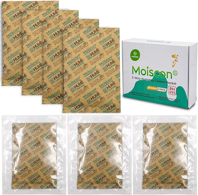 60 Gram 5 Pack 69% Two-Way Humidity Control Packs, Size 60 for Plastic Travel Case & Zip Lock Bags & Wood Containers, 69 Humidity Pack Humidifier Moisture Control Packets Individually Wrapped by Wisesorb