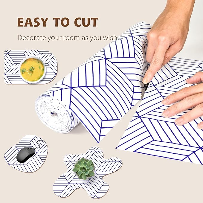 Shelf Liners for Kitchen Cabinets 17.3in x 20FT, Non Adhesive Cabinet Liner Strong Non-Slip White and Blue Geometric Drawer Liner, Easy to Clean for Shelf, Cabinet with Knife and Tape Measure - Image 7