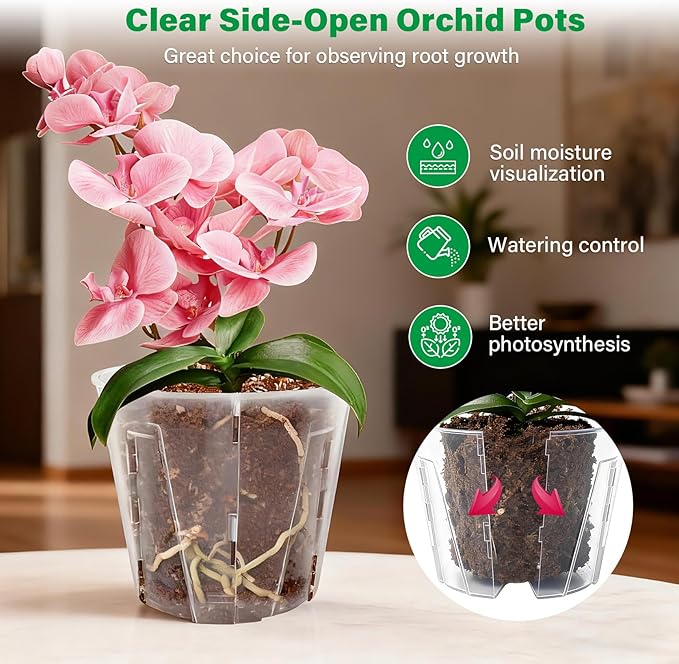 5 Inch Side-Open Orchid Pots 12 Pack, Clear Plastic Nursery Planters with Detachable Side Walls for Easy Repotting, Breathable Slotted Flower Pots with Drainage for Root Health - Image 3