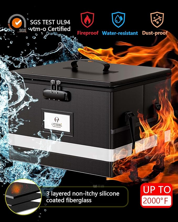 Oterri 1 Pack Fireproof Document Box With Lock, Portable File Safe Box Fireproof Waterproof For Letter Files, Fireproof File Box for Home Office File Cabinet - Image 2