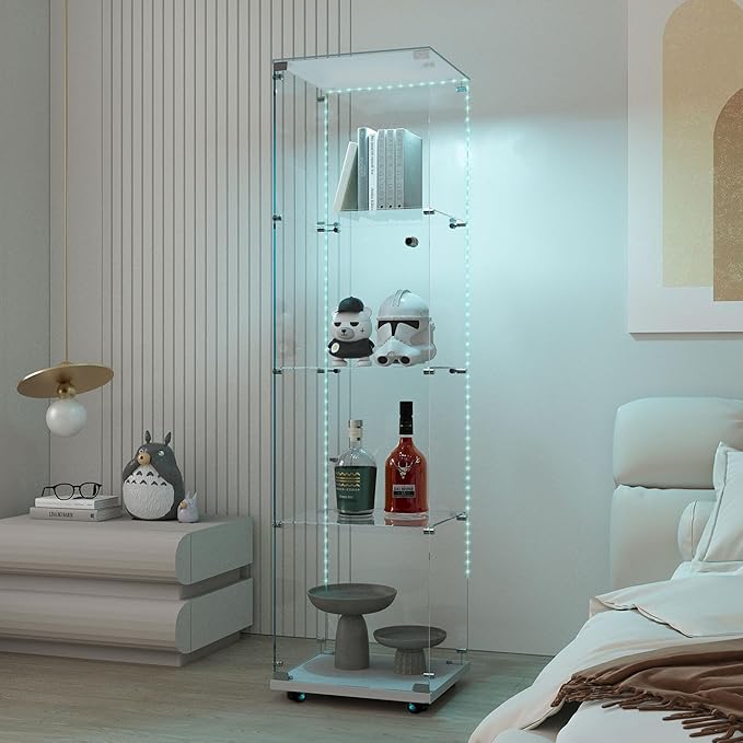 Yoluckea 4-Tier Glass Display Cabinet with Bluetooth LED Light Strip, 1-Door Floor Standing Curio Cabinet with Universal Wheel for Home Office Display, White Glass Bookshelf for Collections, Clear Top - Image 5