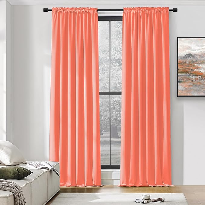 DONREN Room Darkening Rod Pocket Curtain Panels - Thermal Insulated Curtains for Living Room (Coral,52 W x 96 L Inch,2 Panels) by DONREN