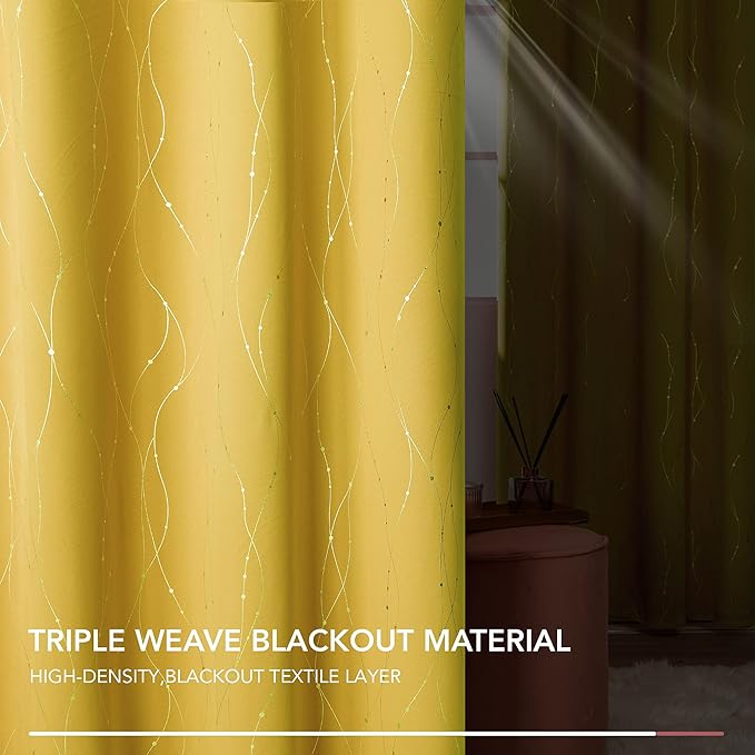 Deconovo Blackout Curtains 108 Inches Long, Yellow Drapes with Wave Dots Foil Print, Thermal Insulated Soundoroof Curtain for Living Room Bedroom, 52 x 108 Inch, Machine Washable Panels, Set of 2 - Image 3