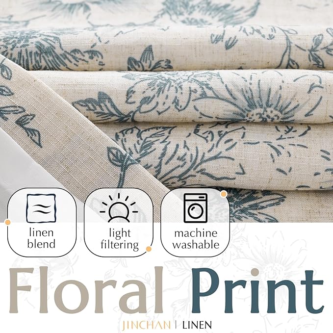 jinchan Lined Linen Blend Curtain Floral Curtains for Living Room 108 Inches Long Blue Peony Flower Printed Curtain Rod Pocket Back Tab Farmhouse Patterned Drapes Bedroom Window Curtains Set 2 Panels - Image 2