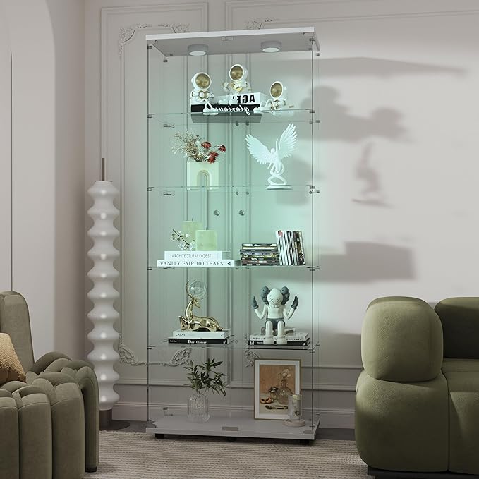 Yoluckea 5-Tier Glass Display Cabinet with Paipai Light, 2-Door Floor Standing Curio Cabinet with Adjustable Floor Feet for Home Office Corner Display, White Glass Bookshelf for Collections and Decor - Image 6