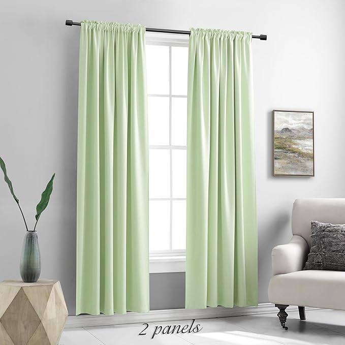 DONREN 90 inch Length Room Darkening Curtain Panels for Living Room - Energy Efficient Blackout Bedroom Curtains Thermal Insulated Rod Pocket,Light Green,52 x 90 inch Set of 2 Panels - Image 2