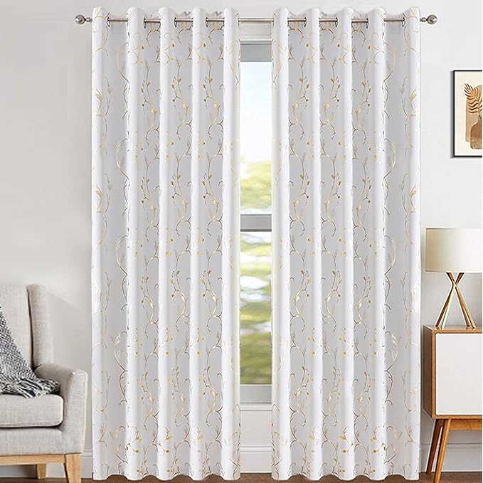 BUHUA Blackout Curtains Gold Foil Print Flower Vine Grommet Drapes, Room Darkening Thermal Insulated Curtains, Noise Reducing Curtain for Bedroom, Greyish White, 66Wx63L, 2 Panels - Image 2
